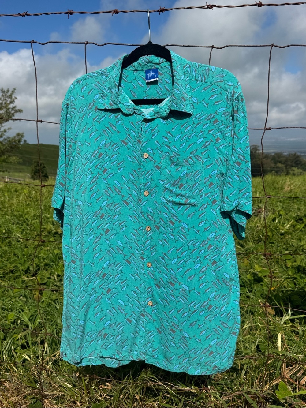 Guy Harvey Green Blue Tropical Fish Aloha Shirt  Sleeve top